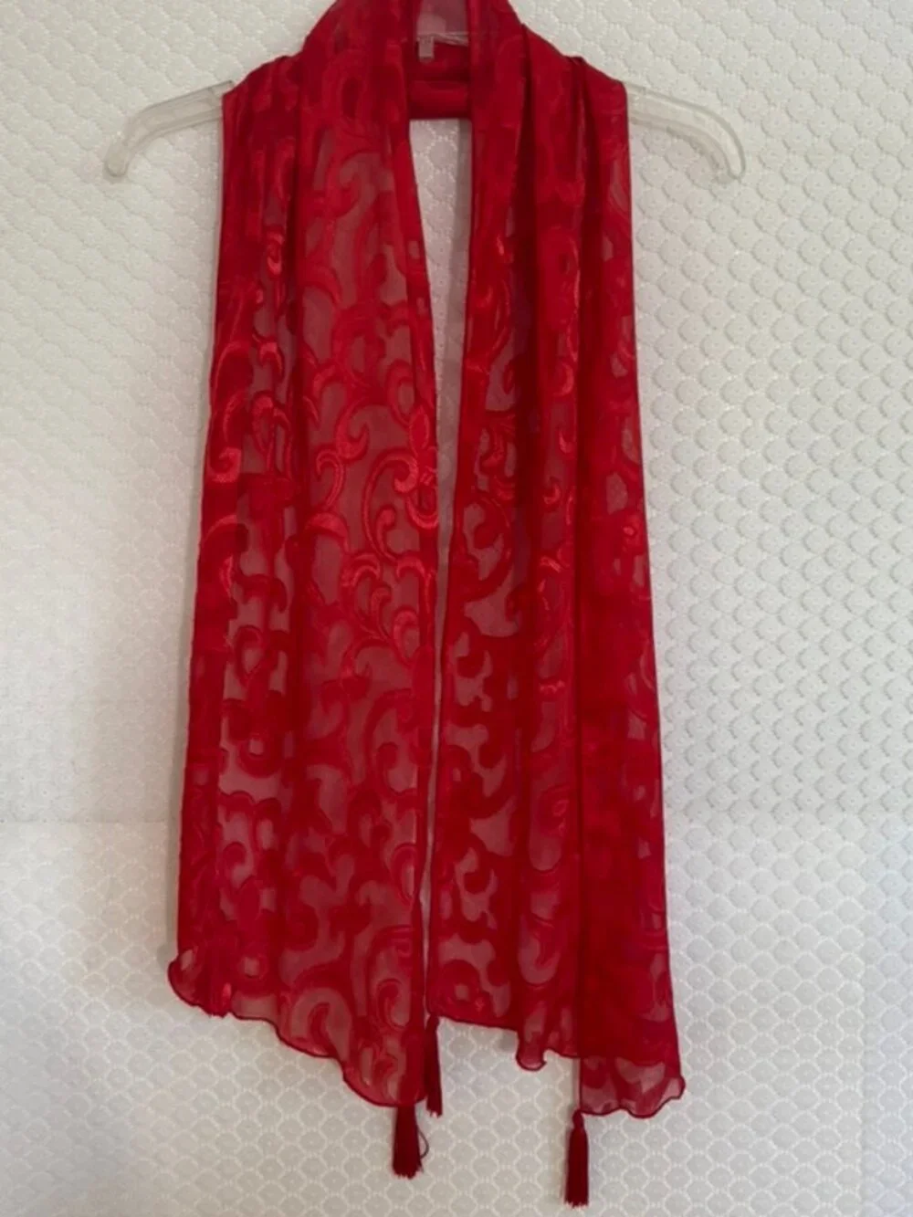 Vibrant Sheer Shiny Evening Scarf Shawl Corner Tassels, Delicate Pattern 64x13